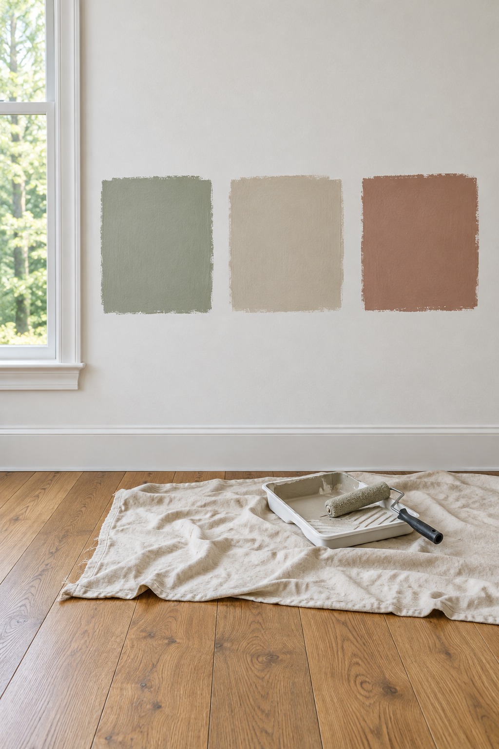 Three large paint swatches in sage, oatmeal and clay on a wall above an oak floor
