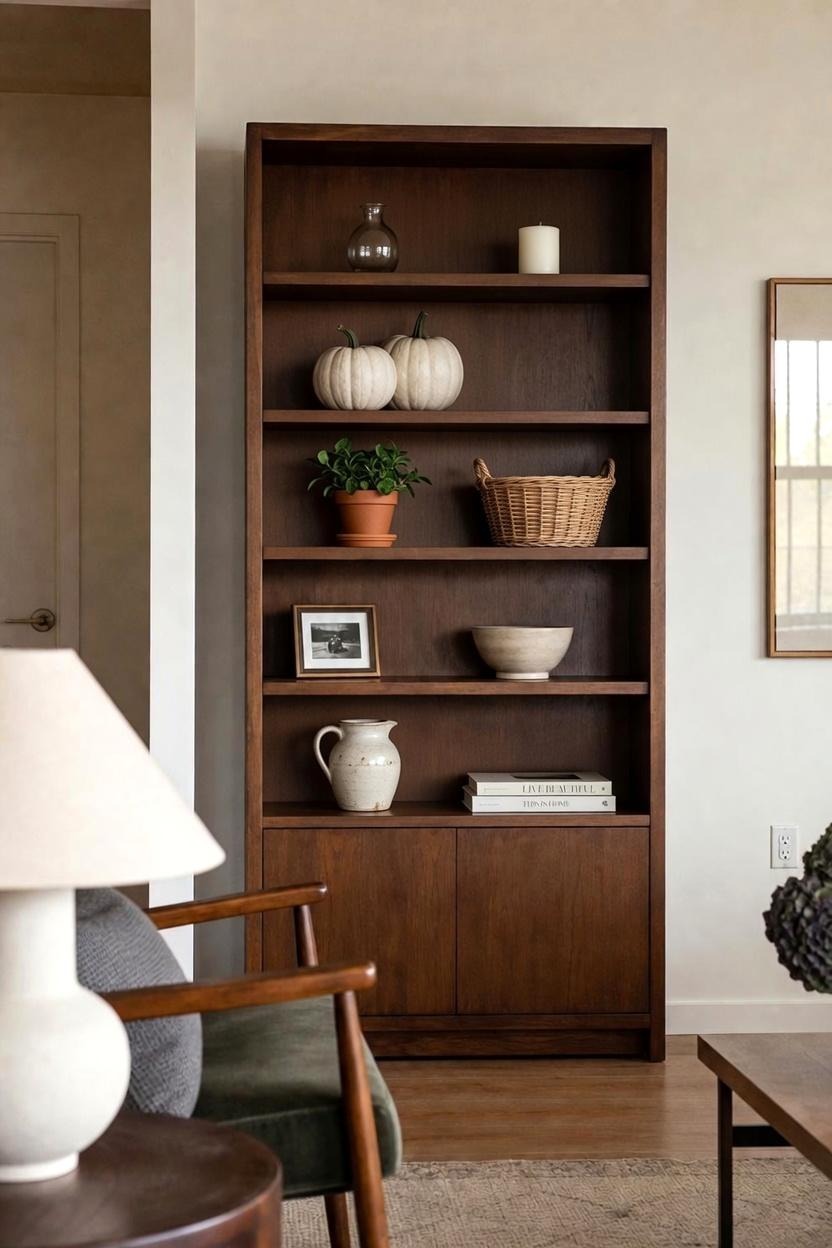 Living room wood bookcase photographed from across the room with two cream painted pumpkins on the middle shelf, a short stack of books, a framed photo, and a bowl