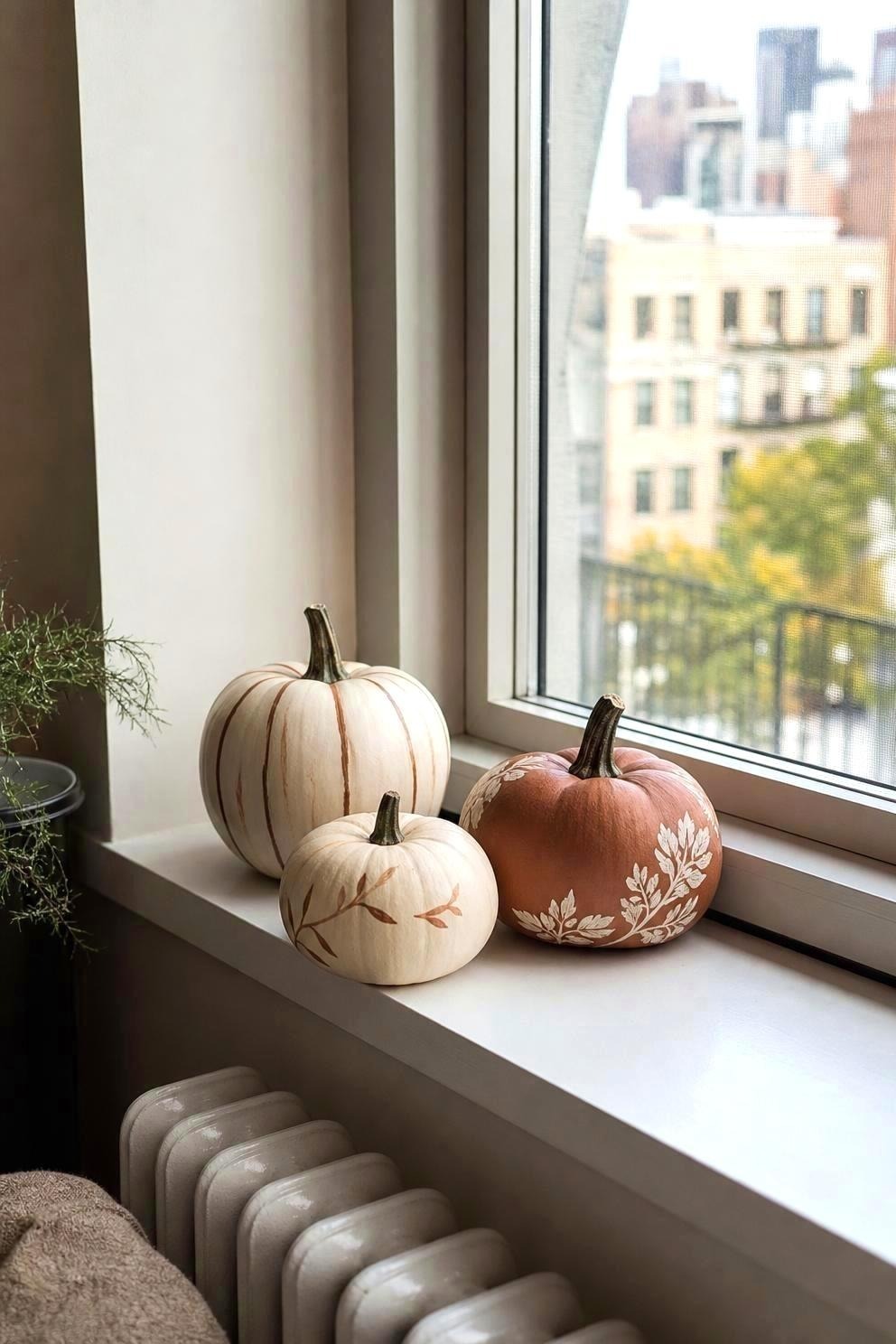Small apartment windowsill with three painted pumpkins in cream and rust in daylight