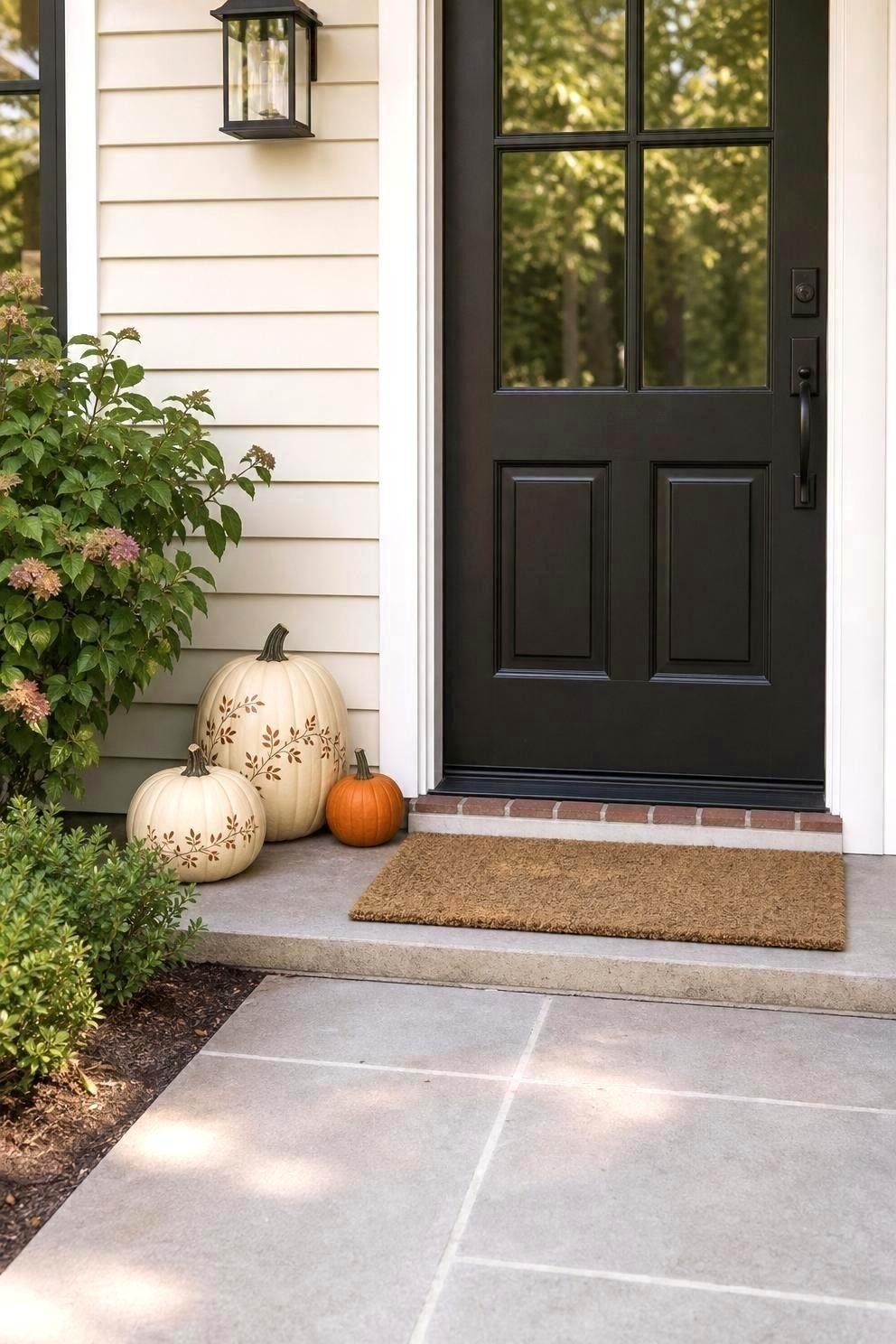 Two cream painted pumpkins with a simple leaf pattern and one small orange pumpkin grouped beside a black front door, off the mat