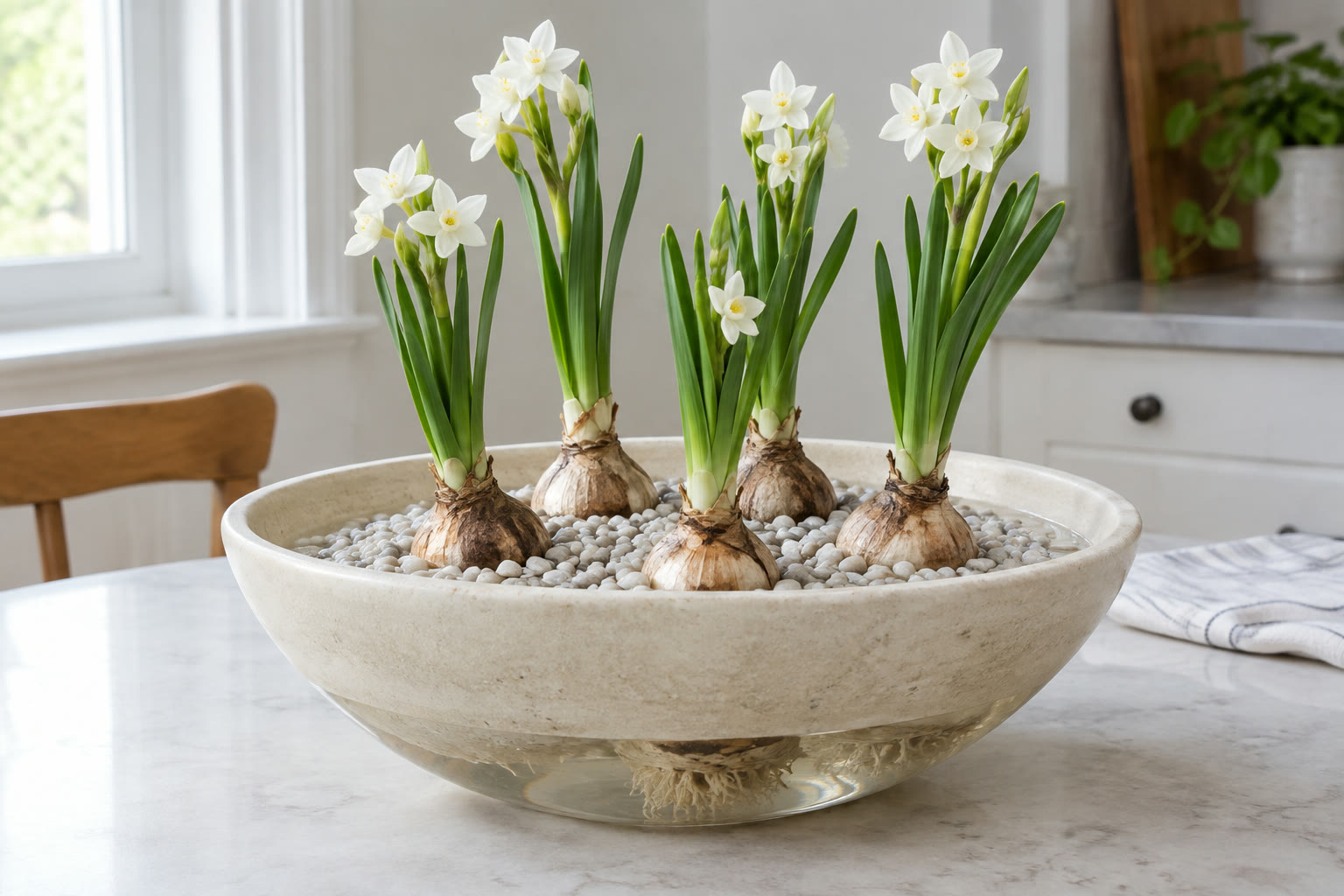 Paperwhite bulbs planted shoulder-high in pale gravel in a shallow cream bowl