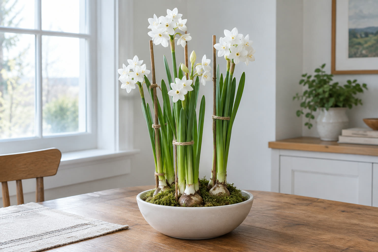 Upright flowering paperwhites supported by a small green ring in a ceramic bowl