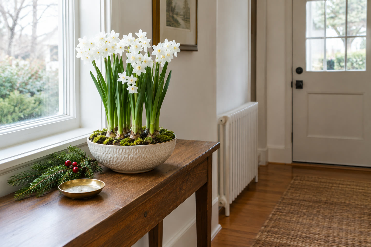 Low bowl of upright paperwhites on an entry console near a bright window