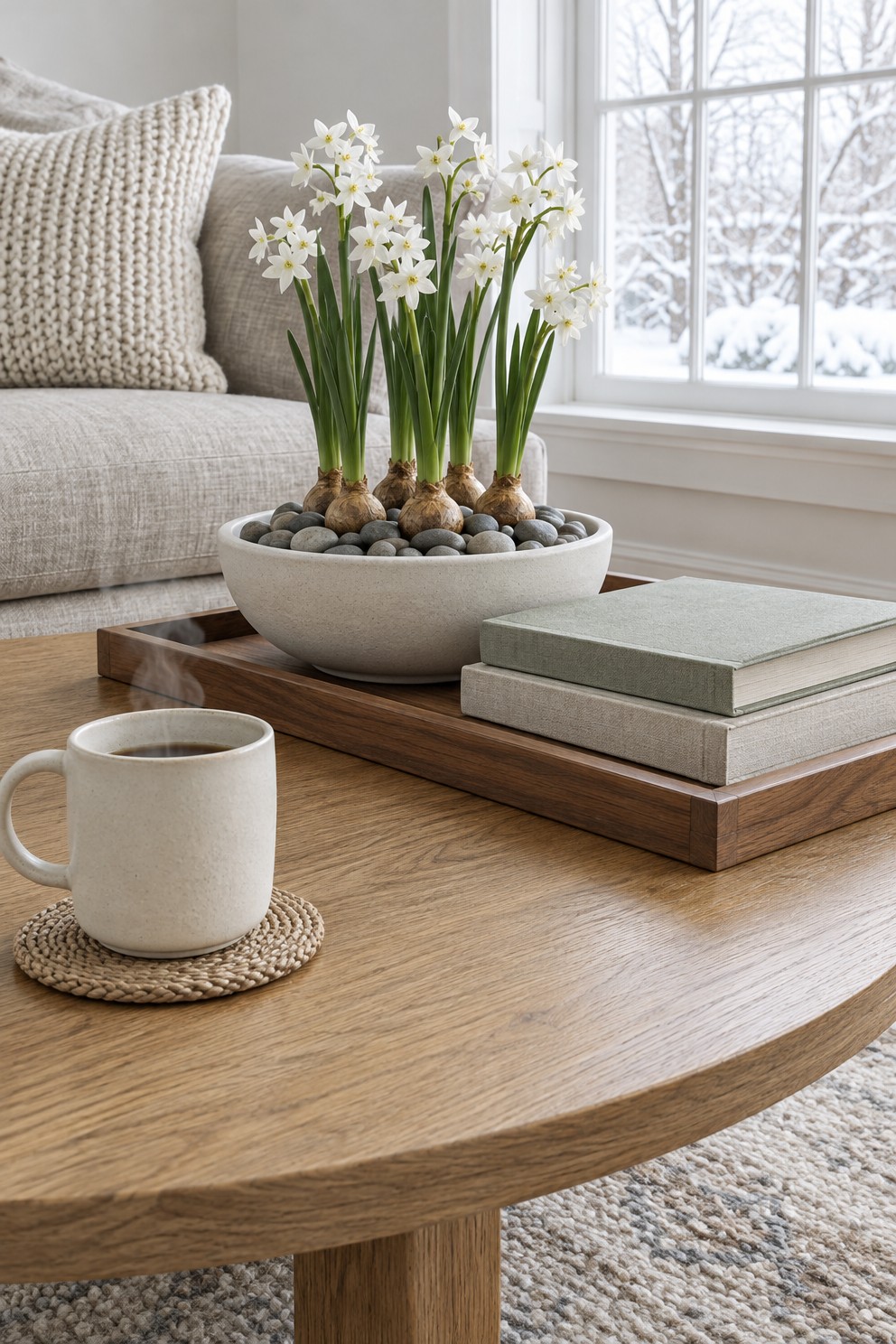 Paperwhite bulbs with white flowers in a shallow white bowl of gray pebbles on a wooden tray on a coffee table, with a steaming mug on the bare end