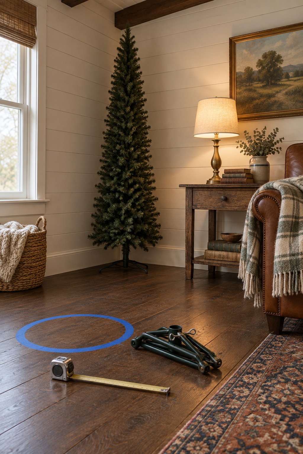Blue painter's tape circle on an oak floor beside an open tape measure and a folded tree stand, with an unlit pencil tree standing in the corner behind