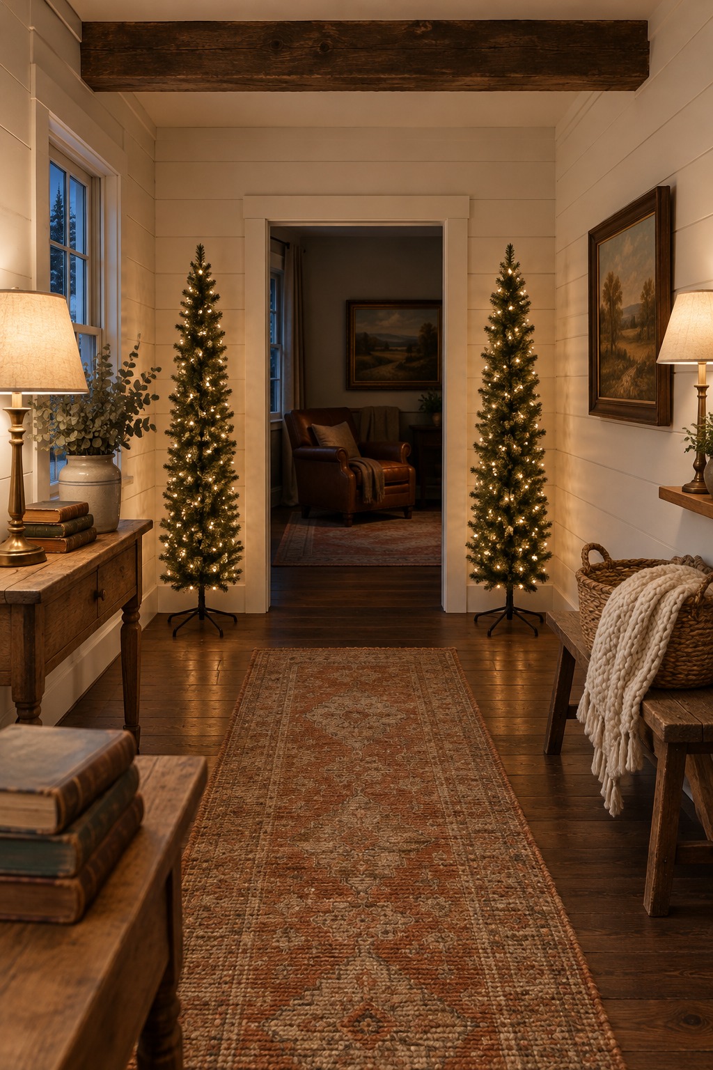 Two matching narrow lit pencil Christmas trees on small stands either side of an interior doorway in a hallway, with a woven runner on the floor between them