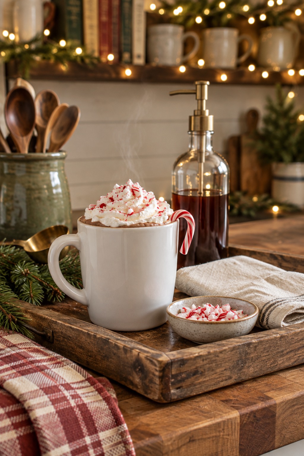 Peppermint mocha in a white mug with whipped cream and crushed candy cane on top and a small candy cane on the rim, on a wooden tray with a glass syrup bottle and fairy lights behind