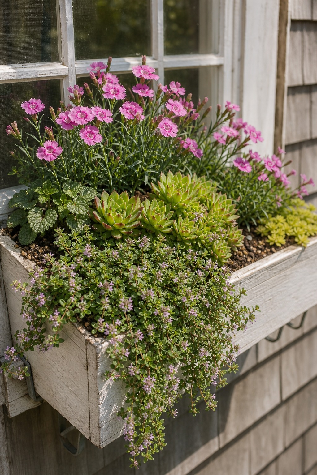 Sunny window box with thyme, sedum, dianthus, and compact flowering plants in shallow soil