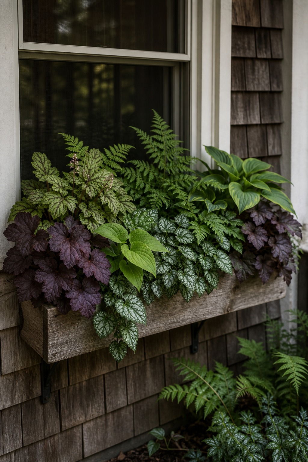 Window box planting with perennial foliage and a few annual flowers tucked between established plants