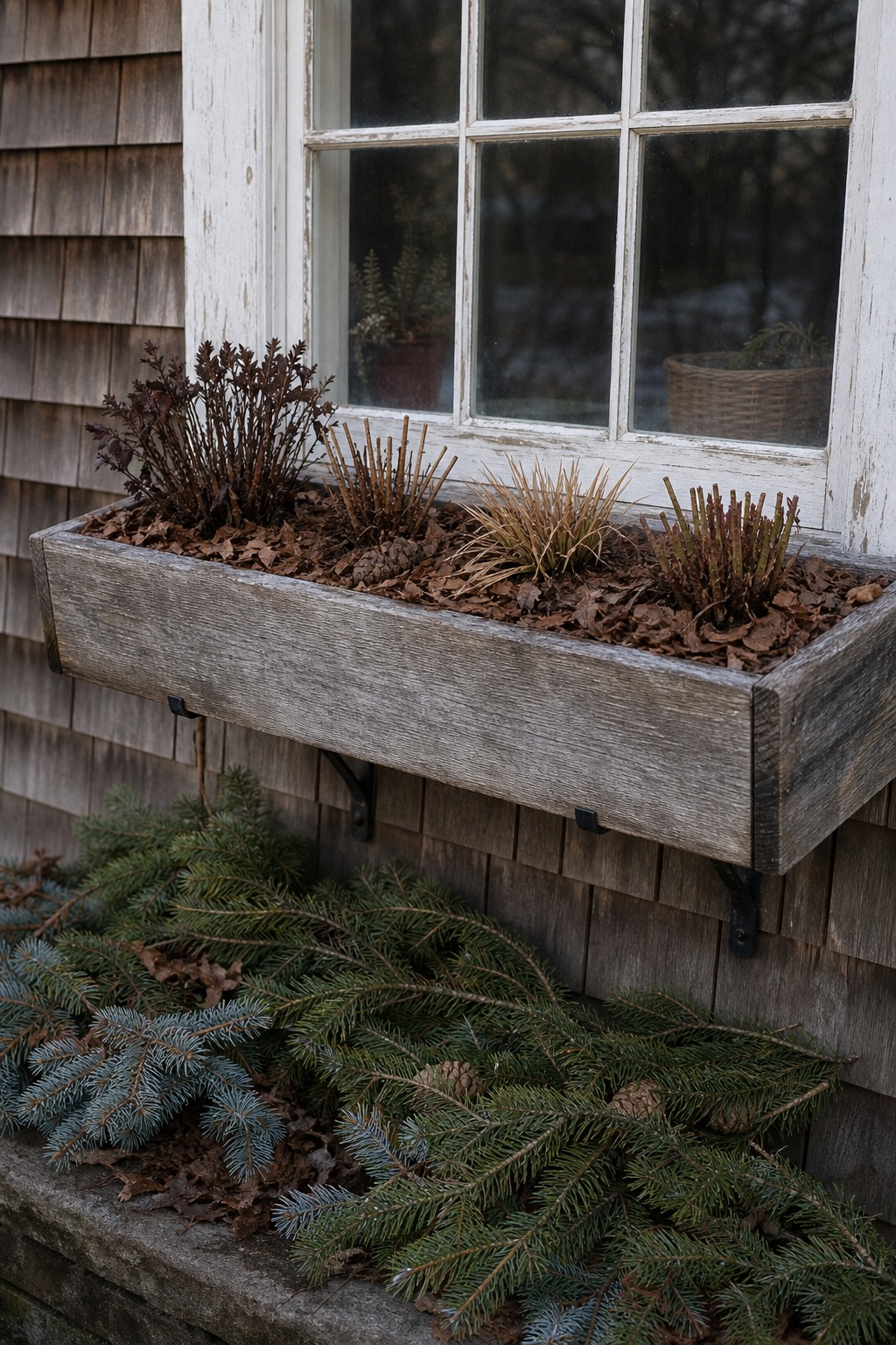 Late-season window box with trimmed perennial foliage, mulch, and evergreen texture near a window