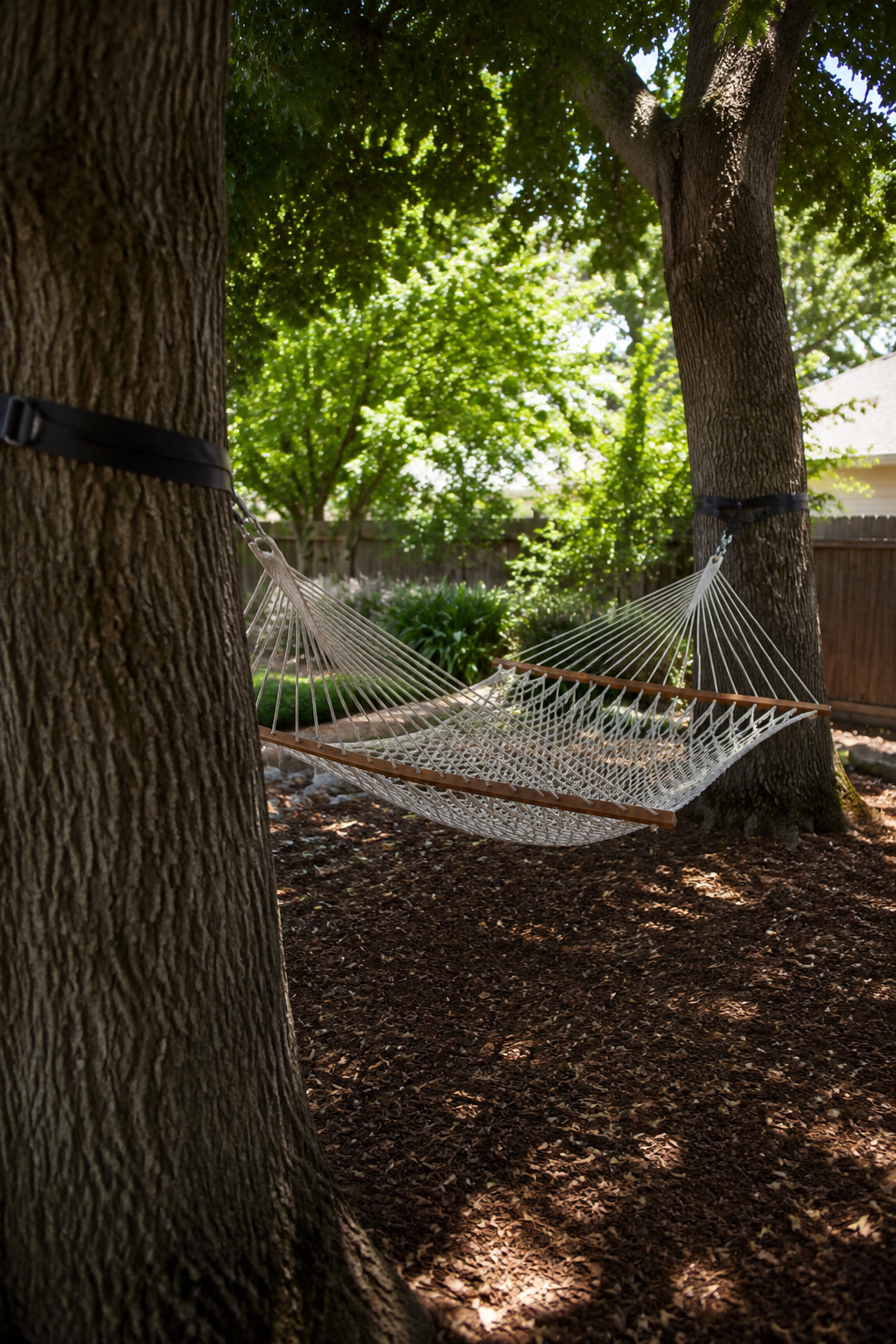 Backyard hammock strung between two oak trees in dappled afternoon shade with a small wooden side table holding a book and a mug