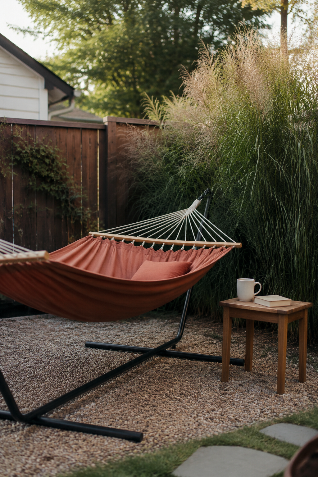 Backyard hammock spot with a freestanding steel stand, hammock in soft fabric, and a wooden side table with a book and a mug