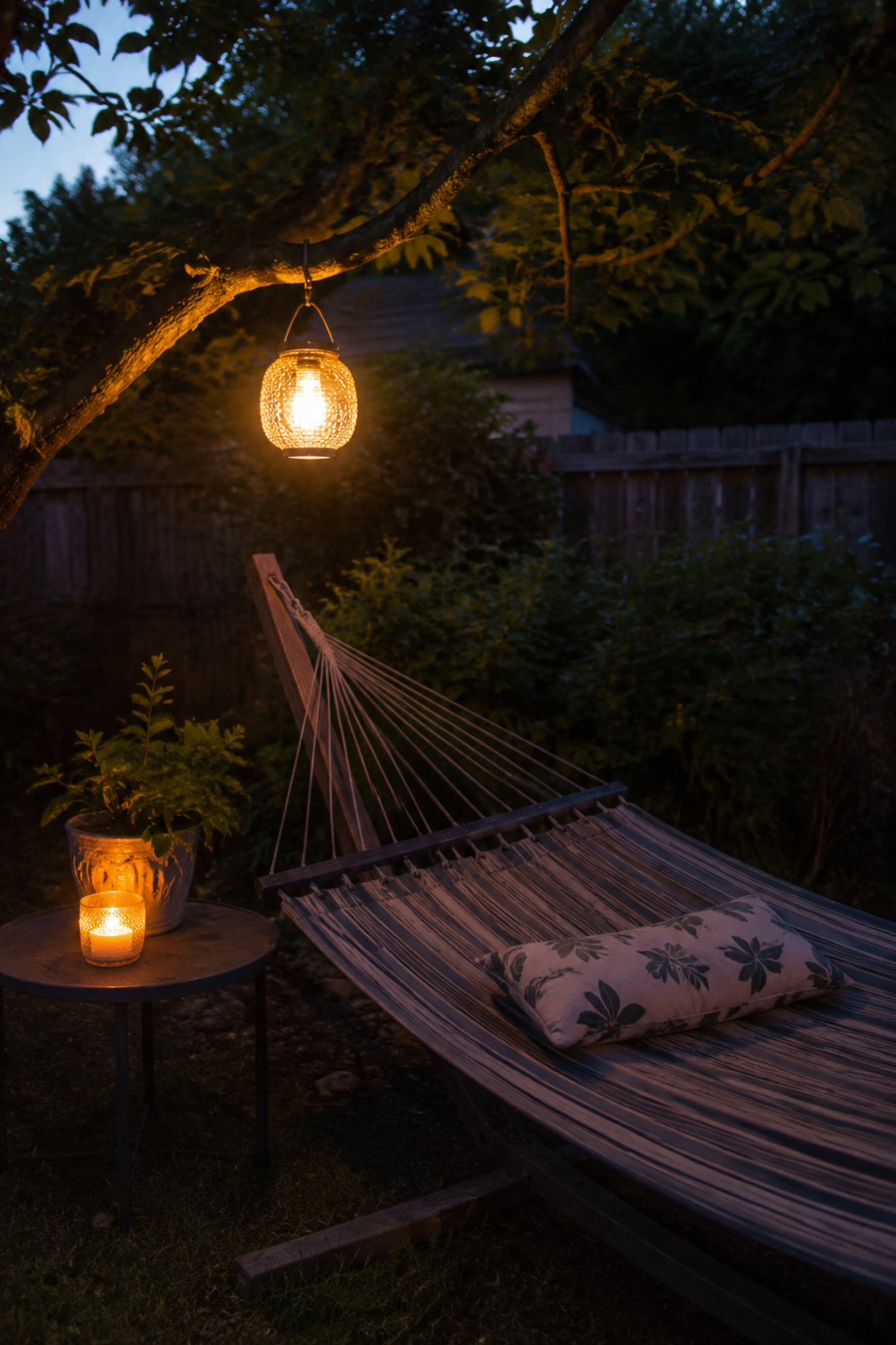 Backyard hammock corner at dusk with a single solar lantern hanging from a tree branch and a small candle on the side table