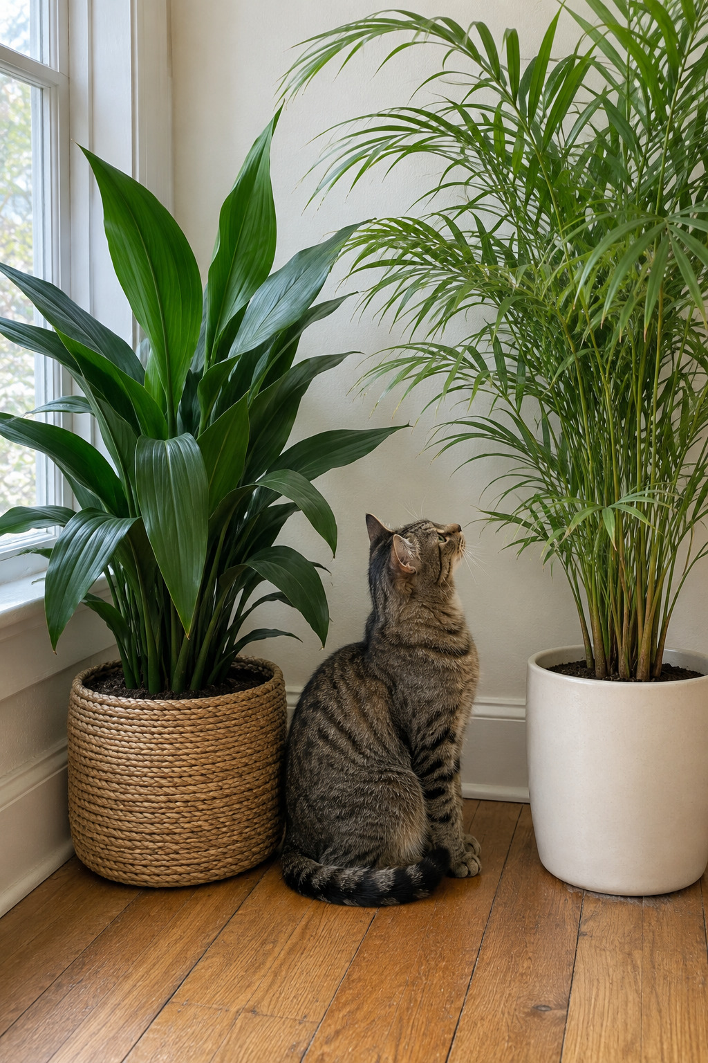 A cast iron plant in a low basket beside a parlor palm on a small apartment floor, with a cat sitting nearby