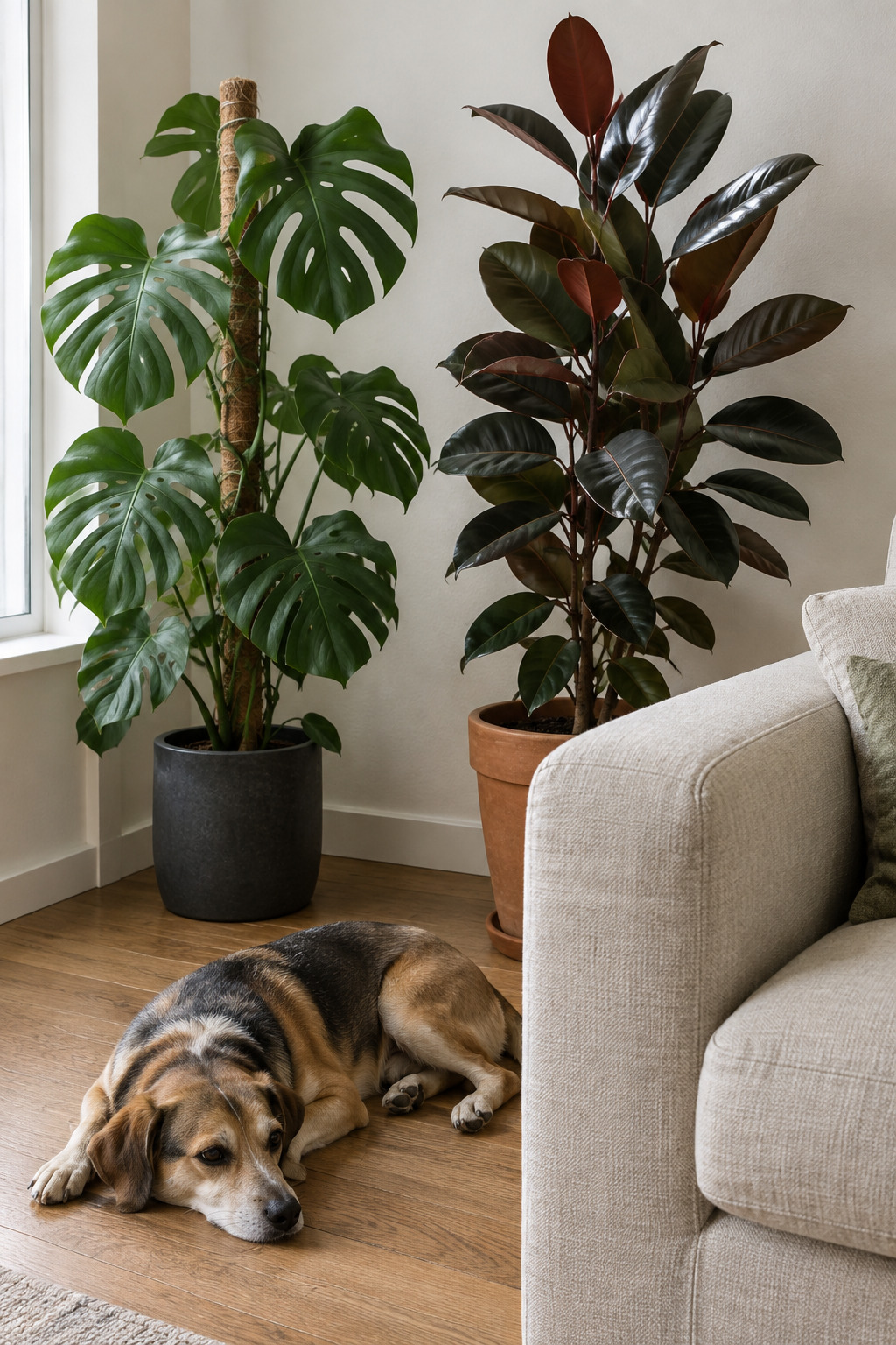 A monstera and a rubber tree in a small apartment living room, both set back from a low sofa where a dog is lying