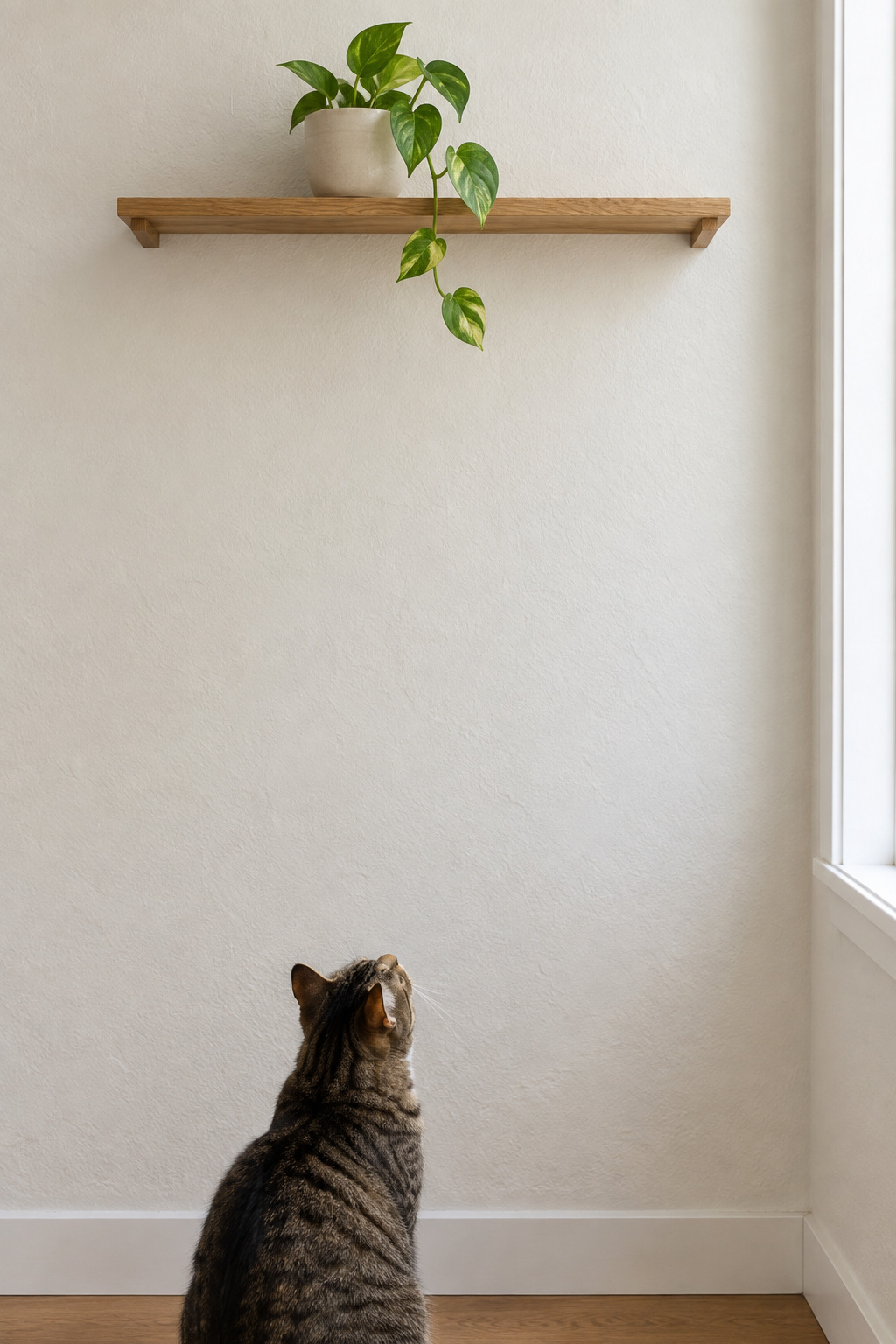 A small trailing pothos on a high narrow wall shelf in a compact apartment, its vine hanging well down the wall above a cat sitting on the floor