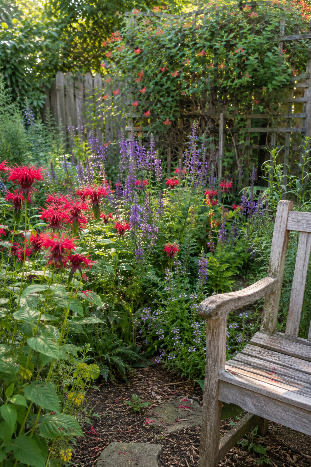 Hummingbird garden bed with bee balm, salvia, and coral honeysuckle in mixed bloom in late summer