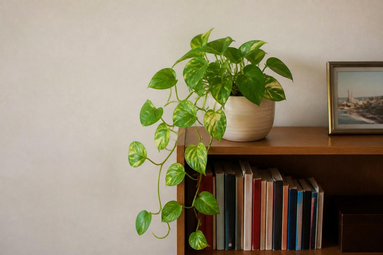 Golden pothos trailing from a cream pot on a wooden apartment shelf