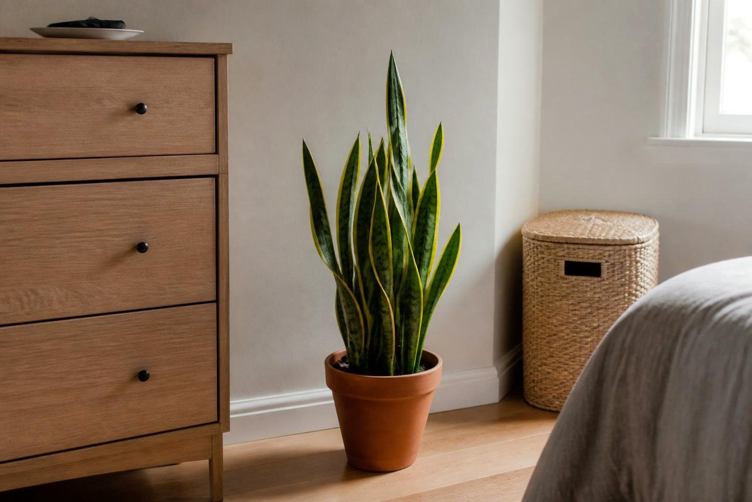 Snake plant in a terracotta pot beside a dresser in a rental bedroom