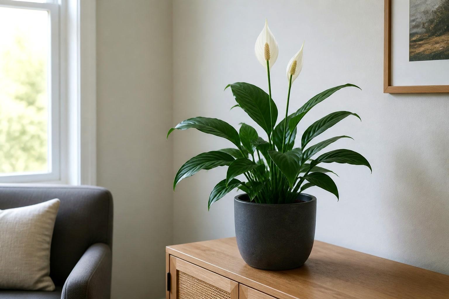 Peace lily with two white blooms in a charcoal pot on a low cabinet
