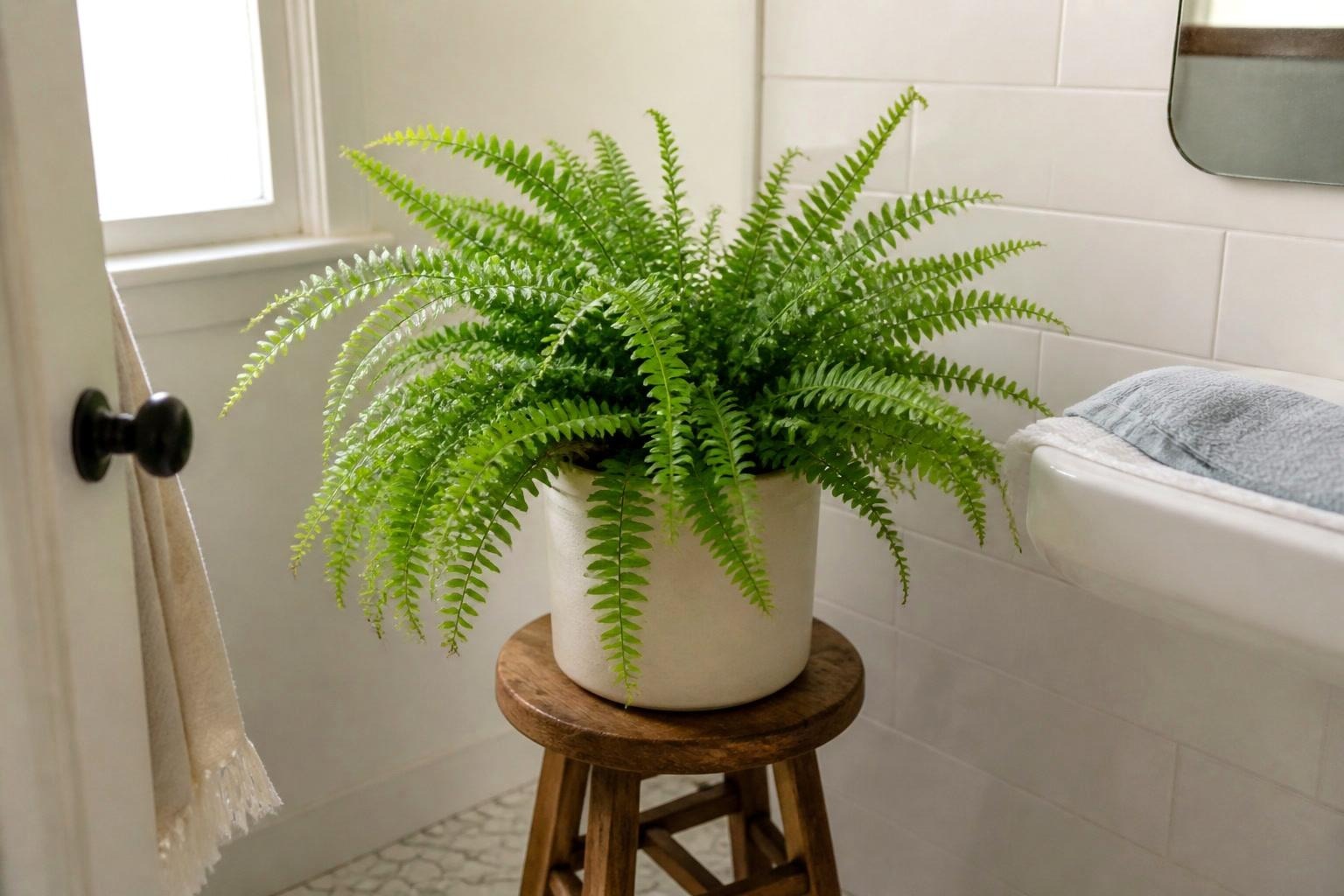 Boston fern in a cream pot resting on a wooden stool in a bright bathroom