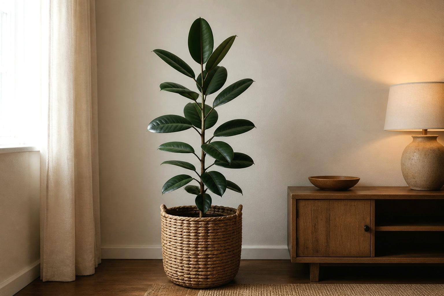Tall rubber plant in a woven floor basket beside a wooden console