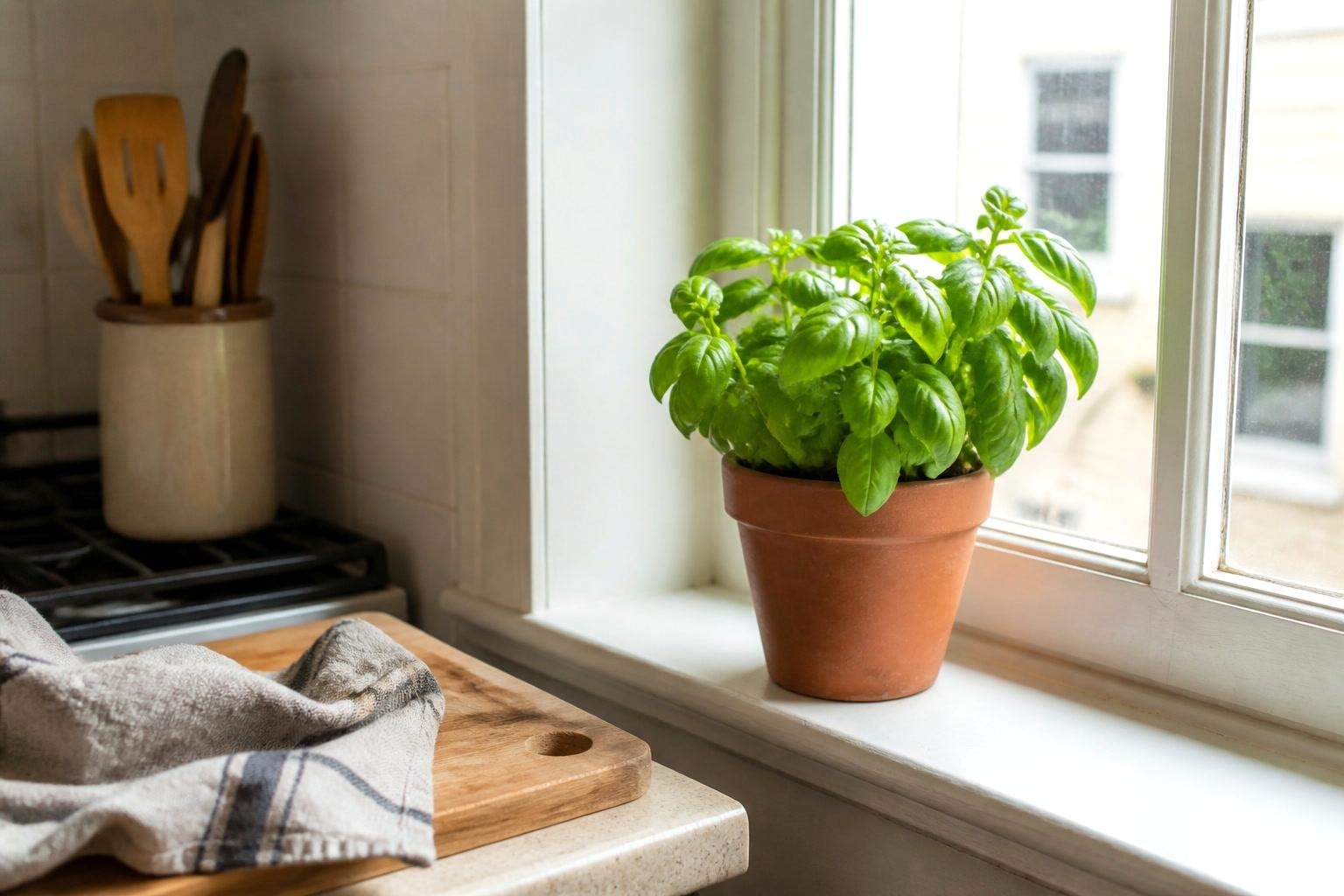 Living basil plant in a terracotta pot on a small apartment kitchen windowsill