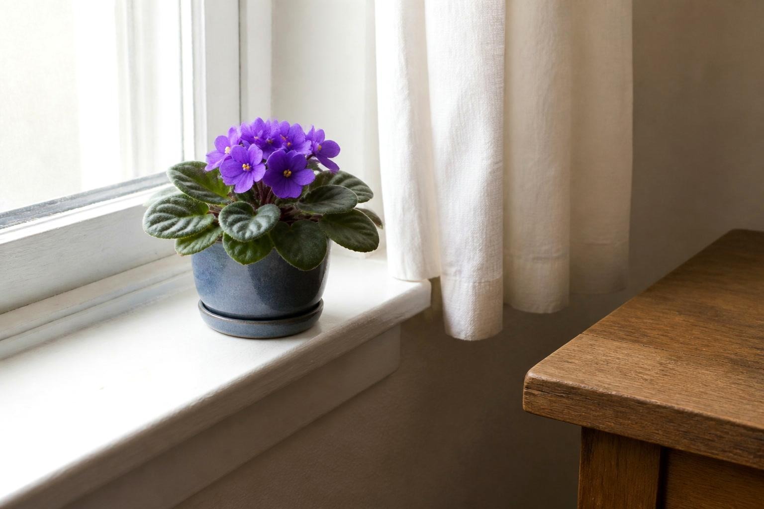 Purple African violet in a blue ceramic pot on a bright apartment windowsill