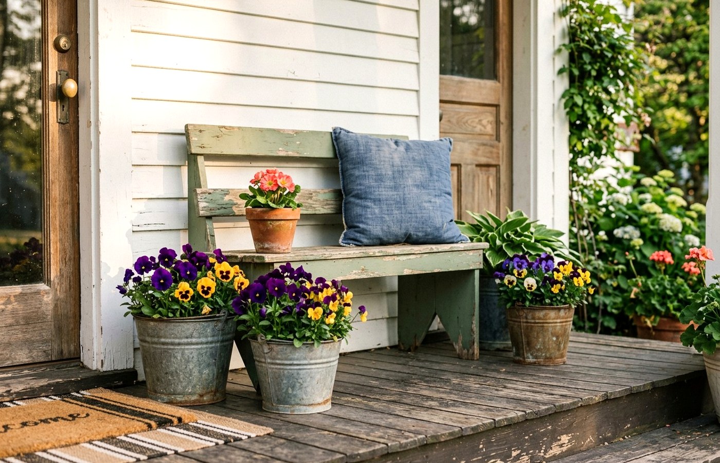 Old porch chair with cushion and potted plants near a lived-in entry