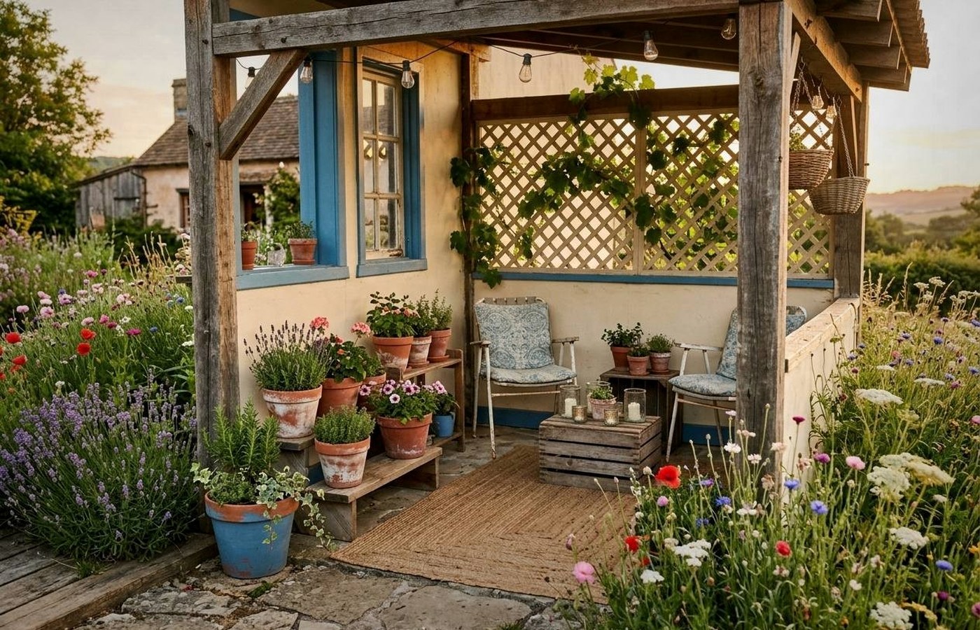 Small front porch with a practical chair, cushion, and side table