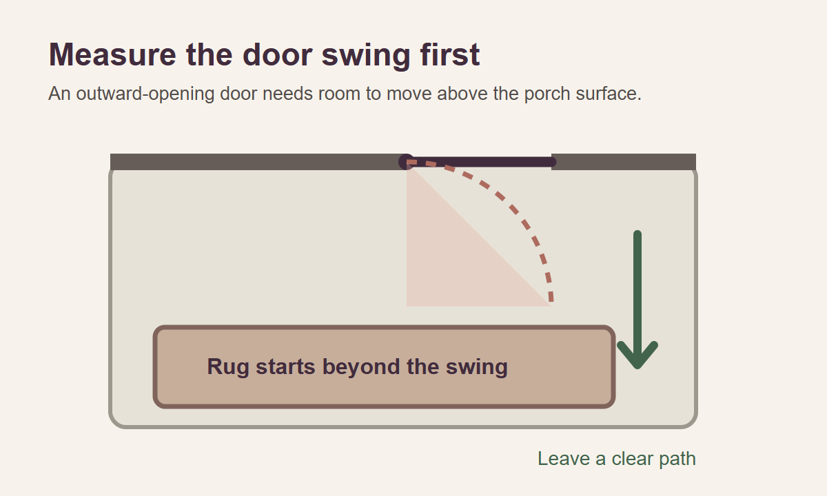 Overhead diagram marking an outward-opening door swing and a rug placed beyond its clearance