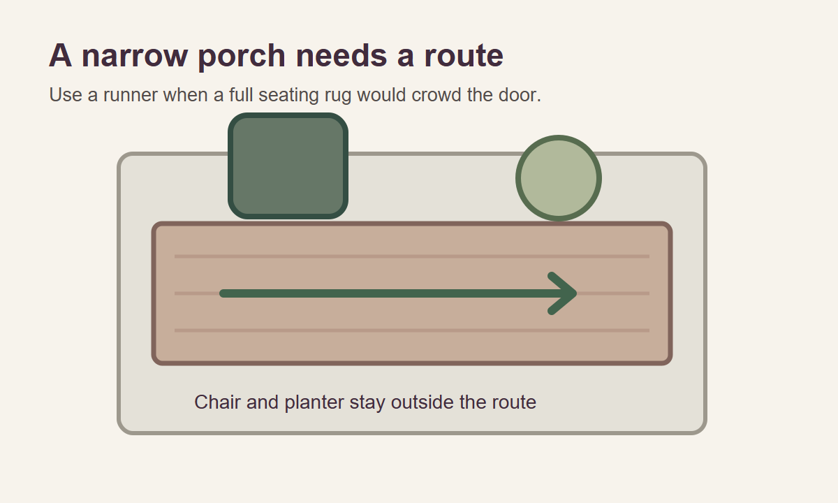 Overhead layout of a long runner defining a narrow porch walkway while the chair and planter stay clear