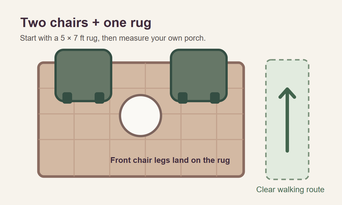 Overhead rug-size diagram with the front legs of two porch chairs on one rug and a clear walking route beside them