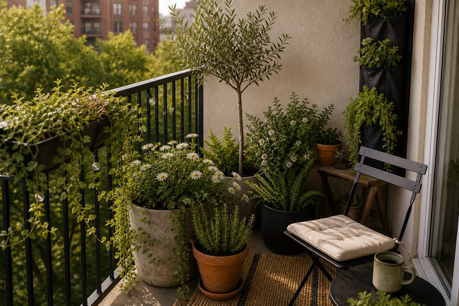 Apartment balcony with three layered plant pots, a chair, and greenery that softens a bare railing