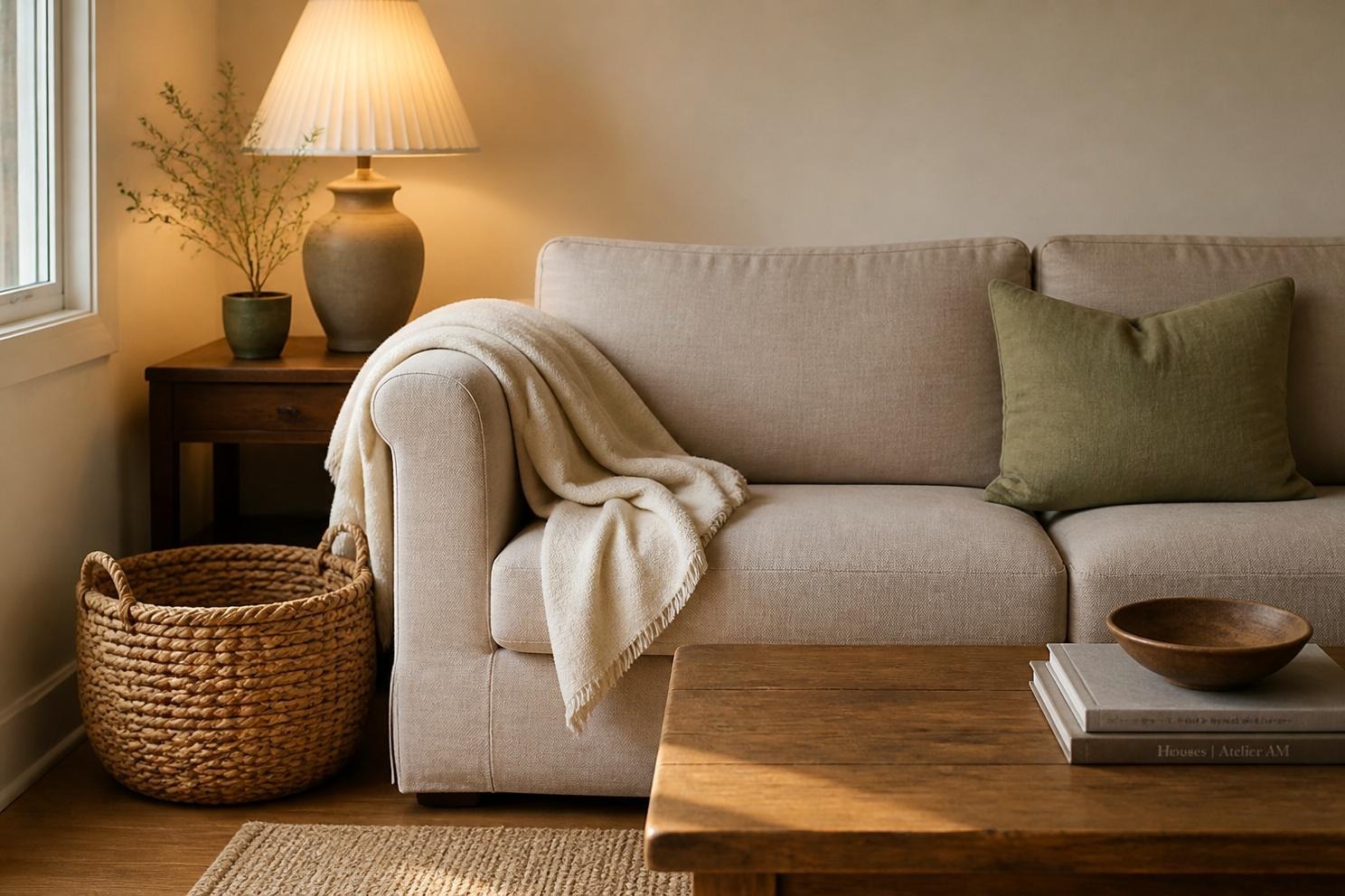A neutral living room corner with a linen sofa, a woven basket, and a lamp lit in the afternoon