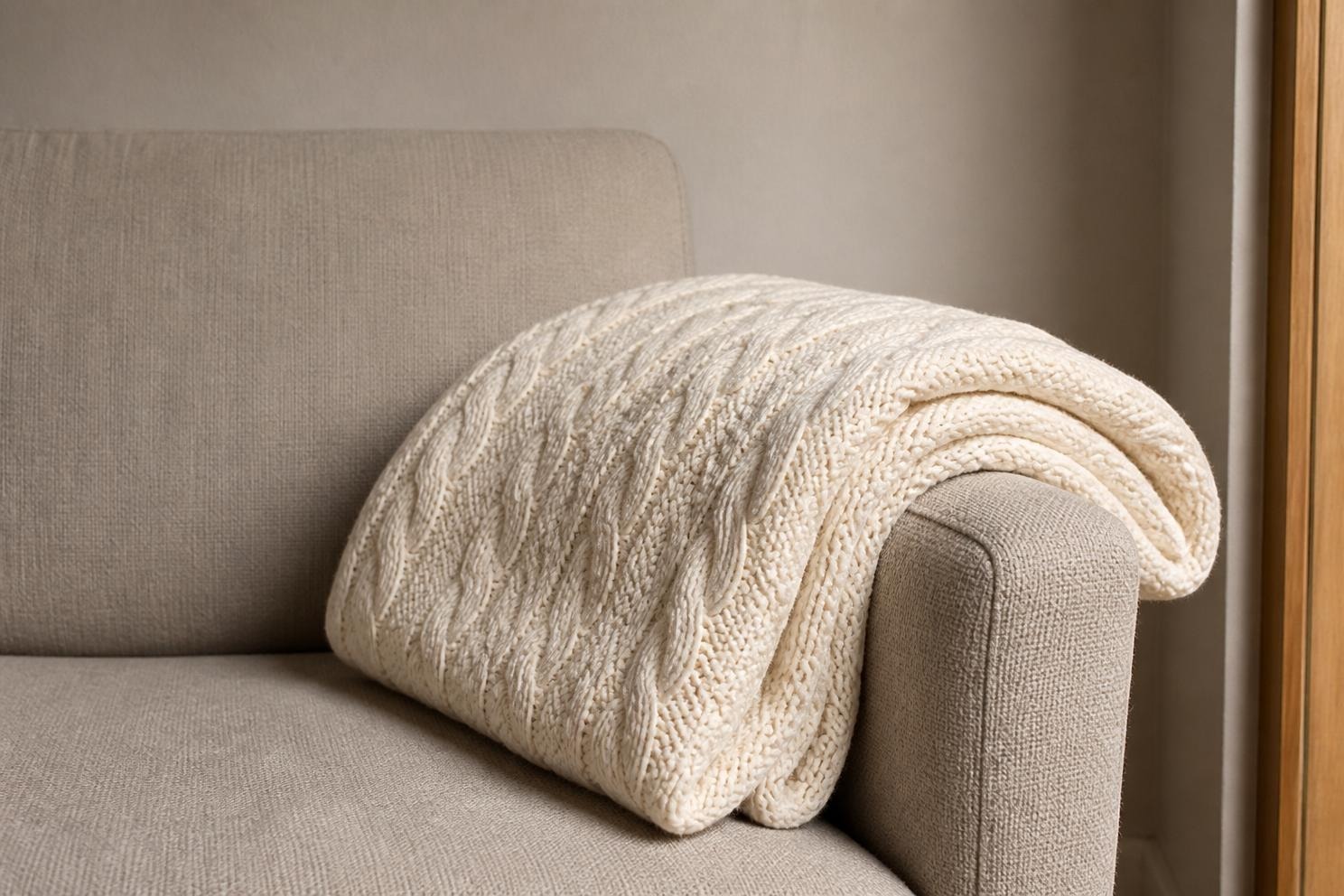 A cream cable knit throw folded and laid at an angle over the arm of a chair