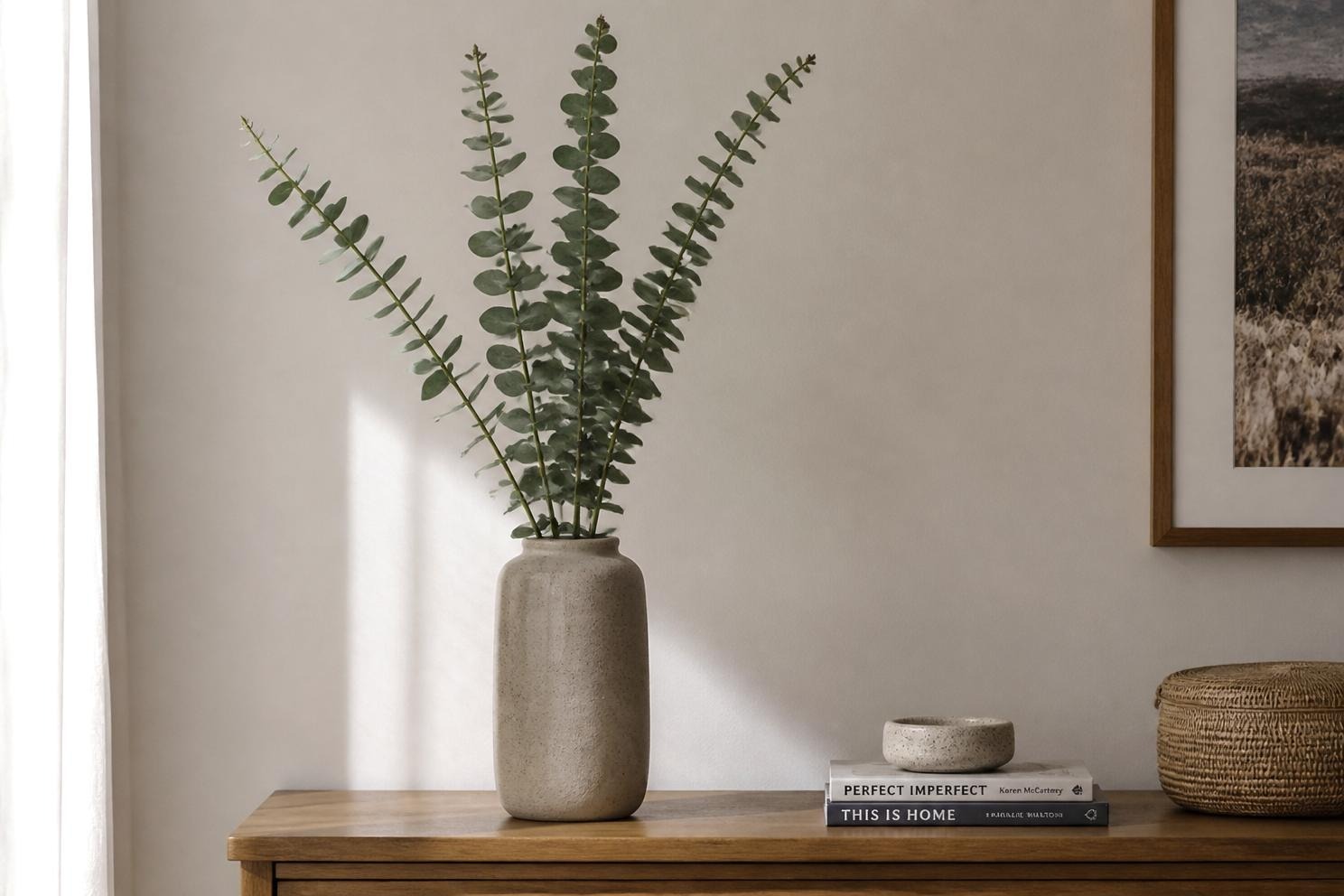 Three tall eucalyptus stems standing in a stoneware vase on a console table