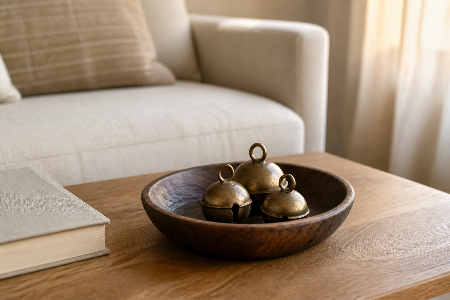 Small dark mango wood bowl holding a few brass bells on a neutral coffee table