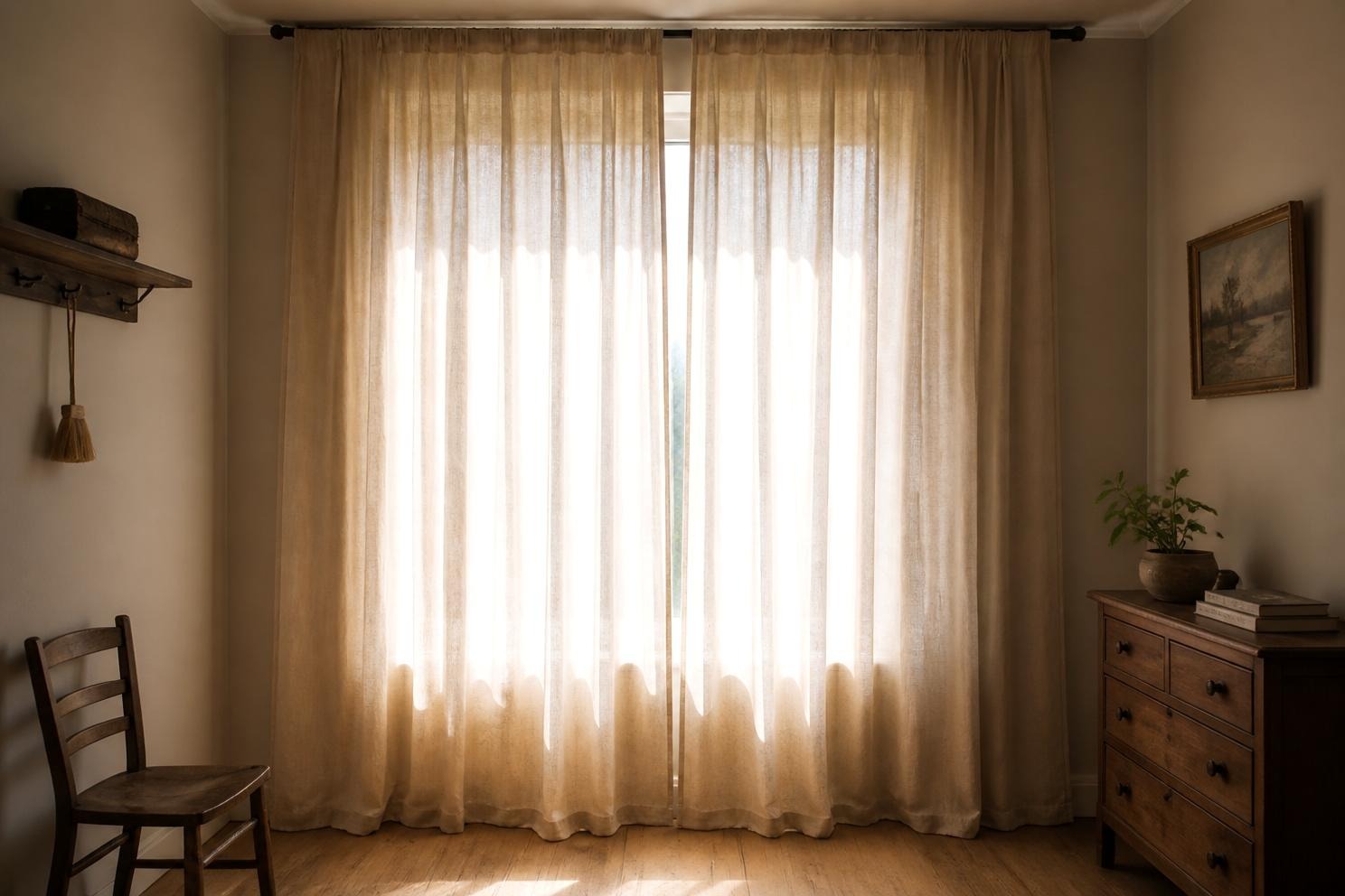 Floor length natural linen curtains hung high above a window in a bright room