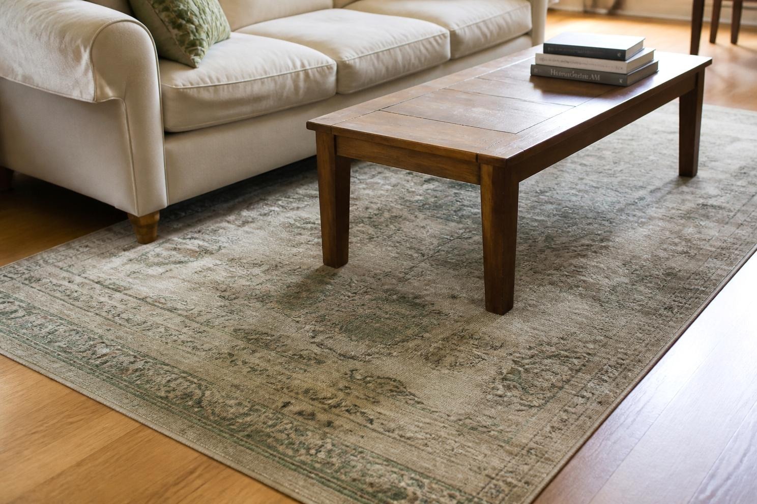 A low pile faded vintage style rug in a neutral living room with a coffee table