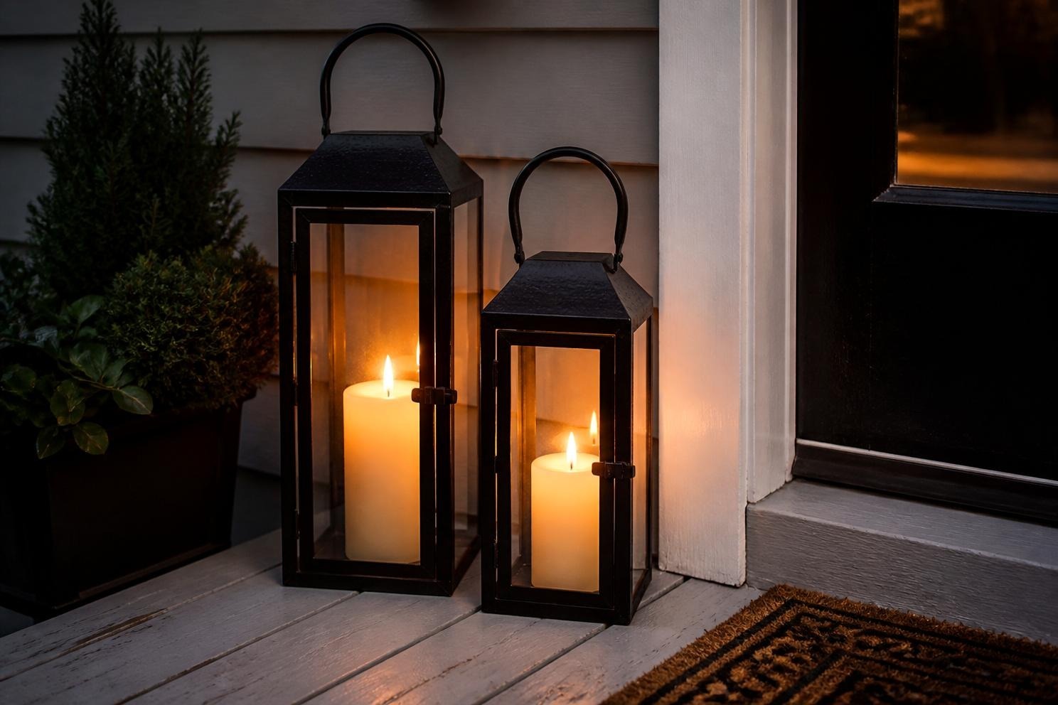 Two black metal lanterns of different heights beside a front door in evening light