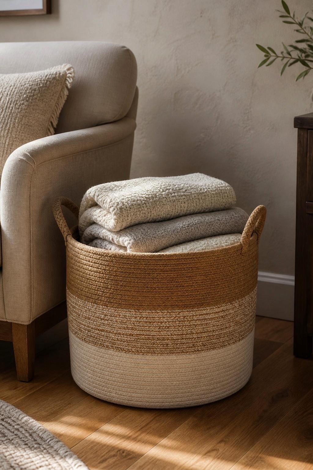 A large brown and cream woven rope basket beside an armchair holding folded blankets