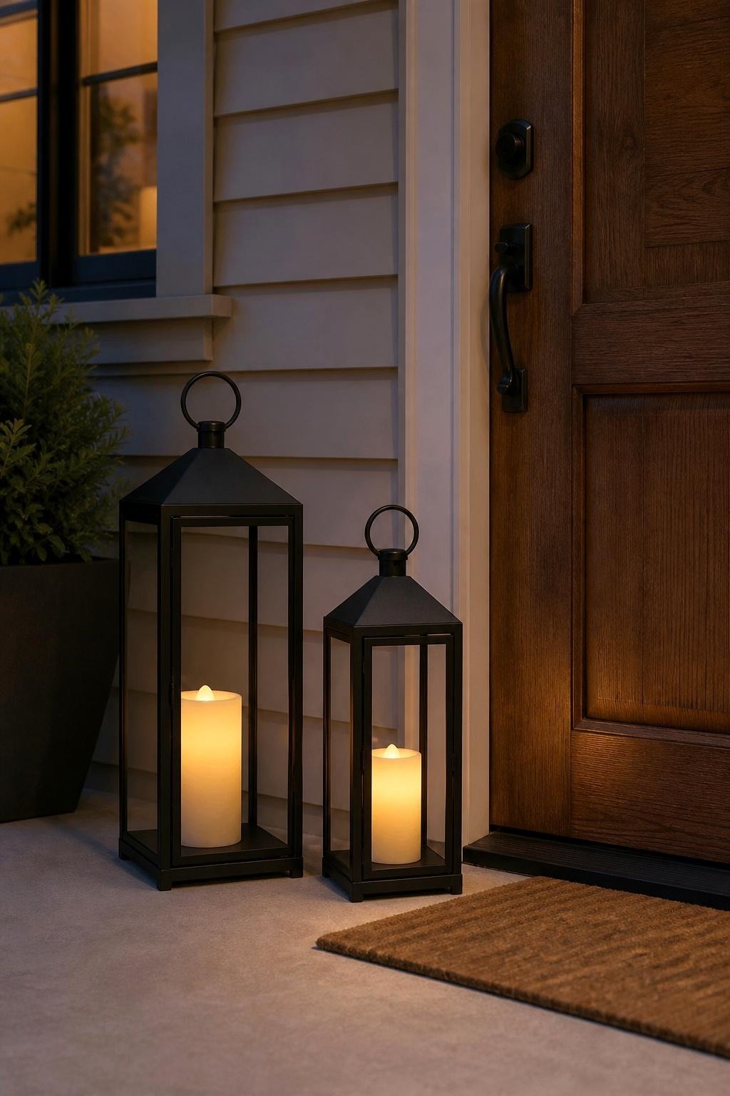 Two black metal lanterns with ivory flameless LED candles beside a covered front door at dusk