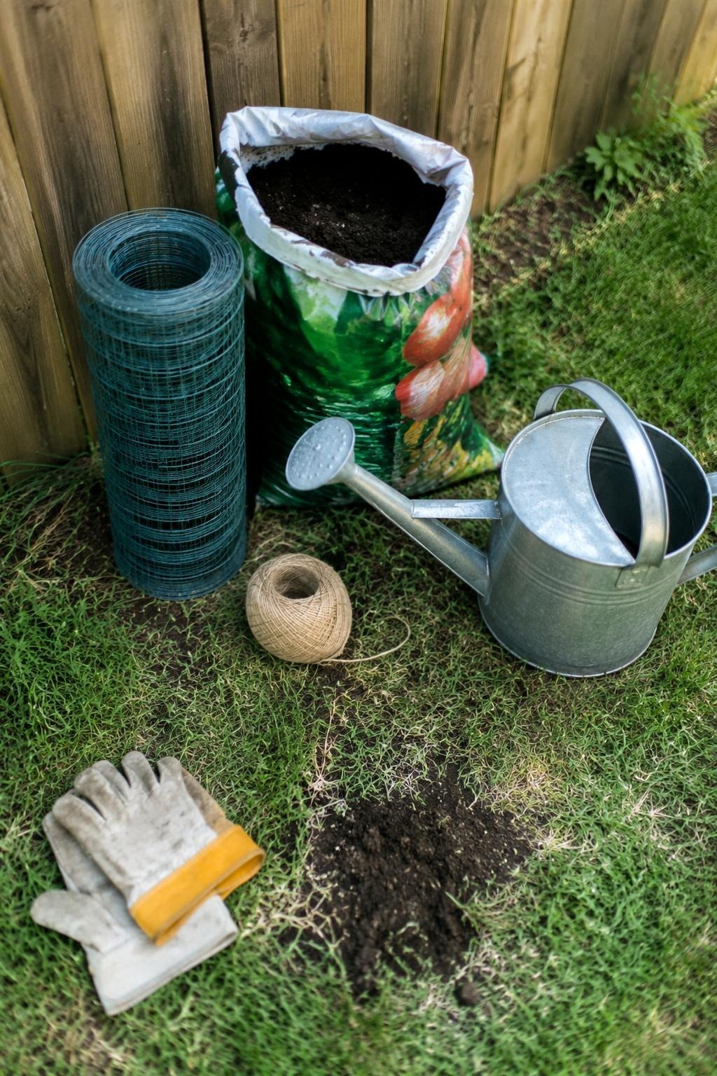A roll of trellis wire, garden twine, soil, and a watering can laid out on grass beside a fence