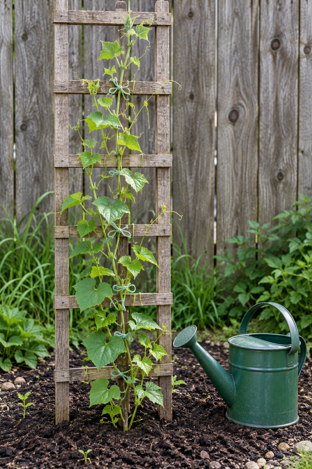 Young green vine tied to a wood trellis with soft twine above a mulched base and a watering can