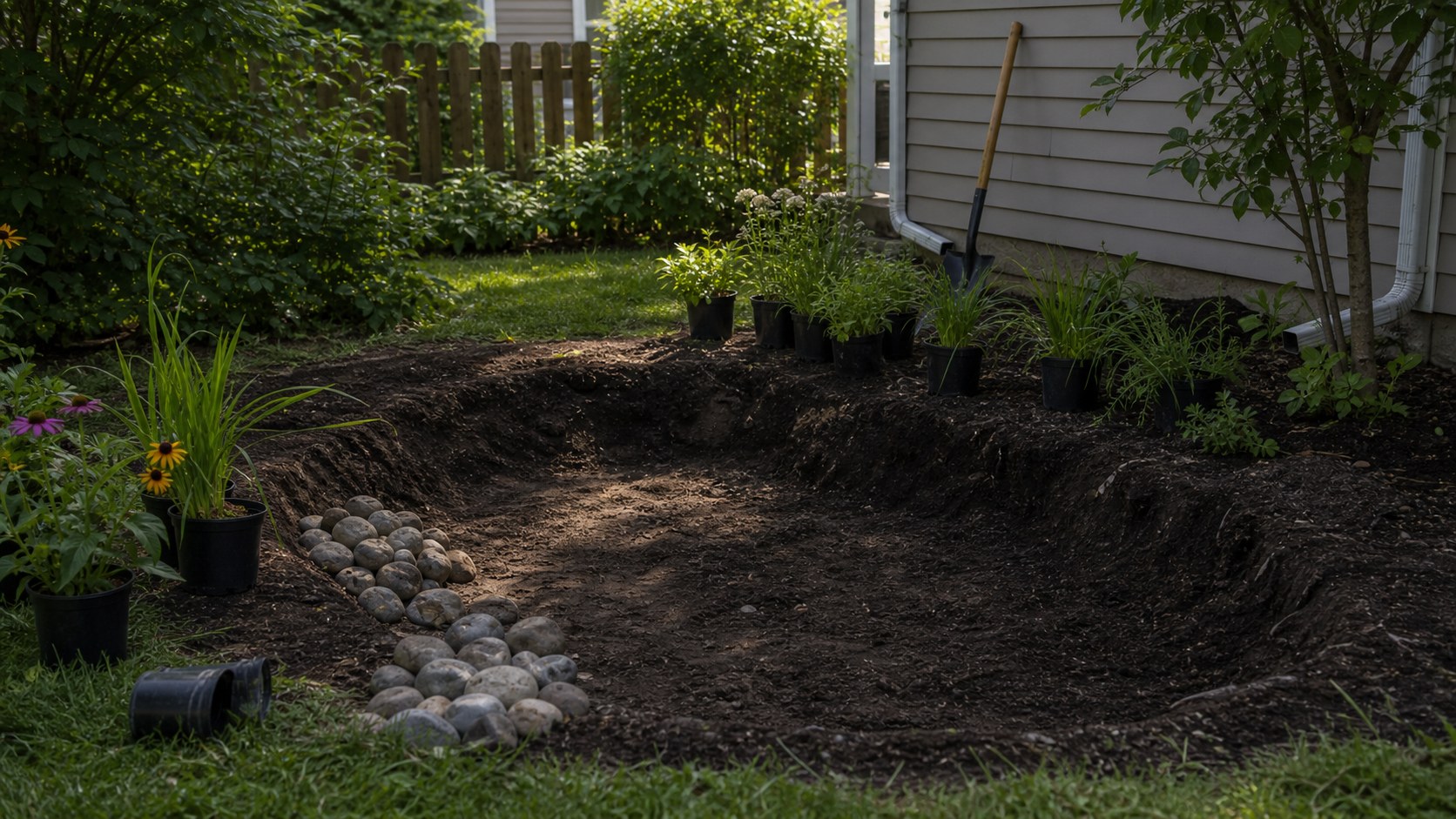 Shallow rain garden basin being shaped with river stone inlet and dark soil