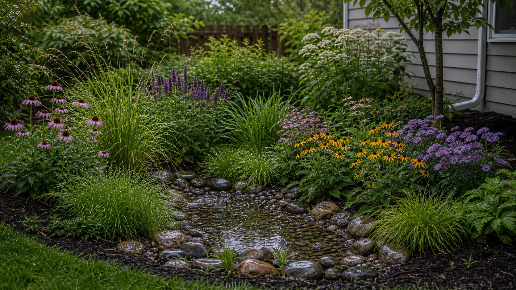 Finished backyard rain garden with sedges, coneflowers, black-eyed Susans, river stone, and mulch edge