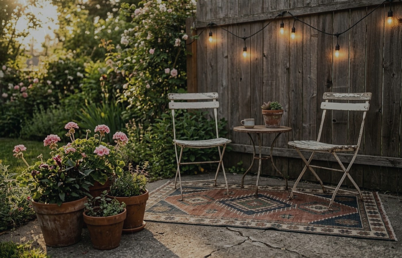 Covered porch seating arranged to stay dry on a rainy day