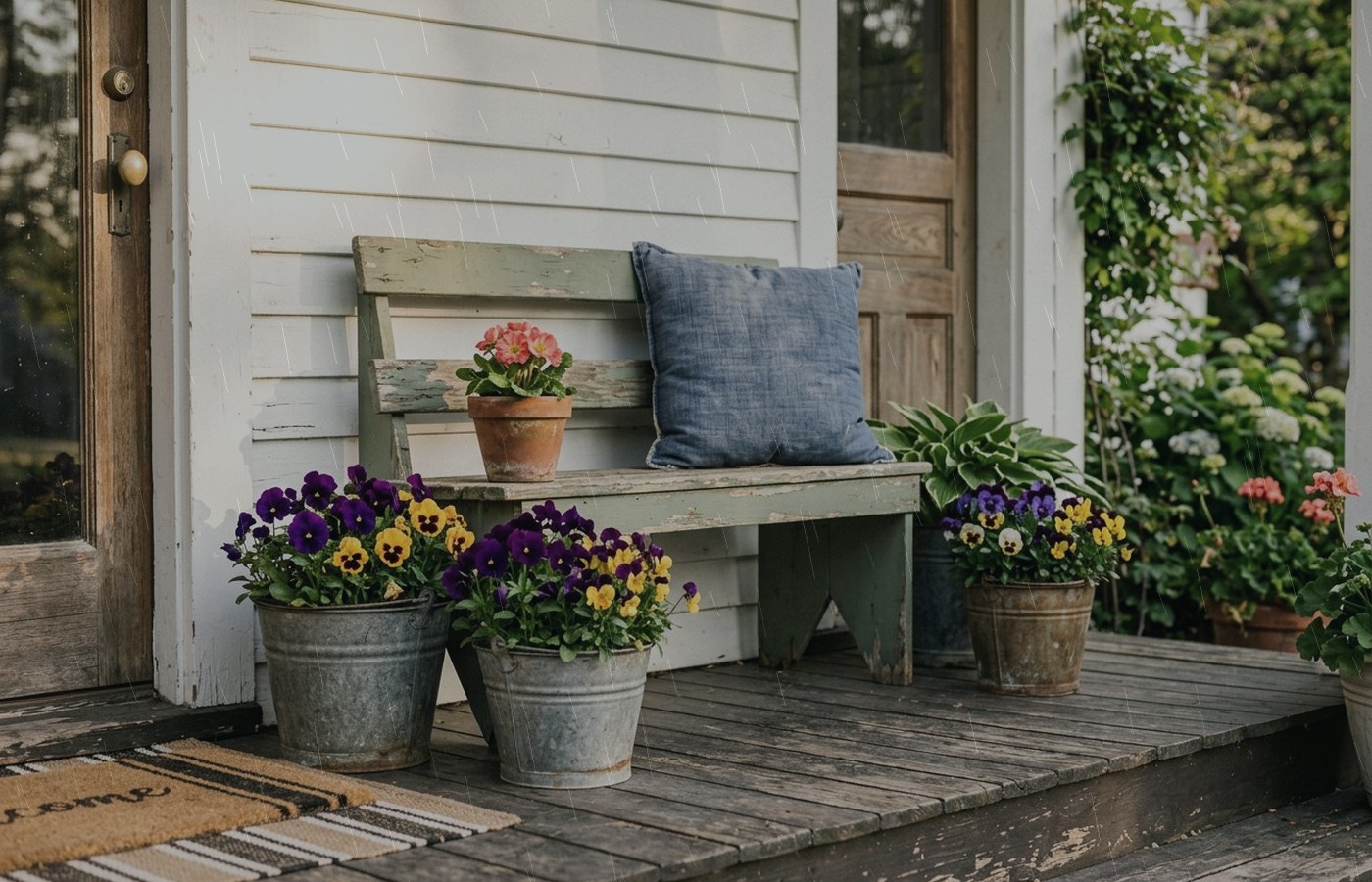 Porch chair and plants with soft rainy-day light