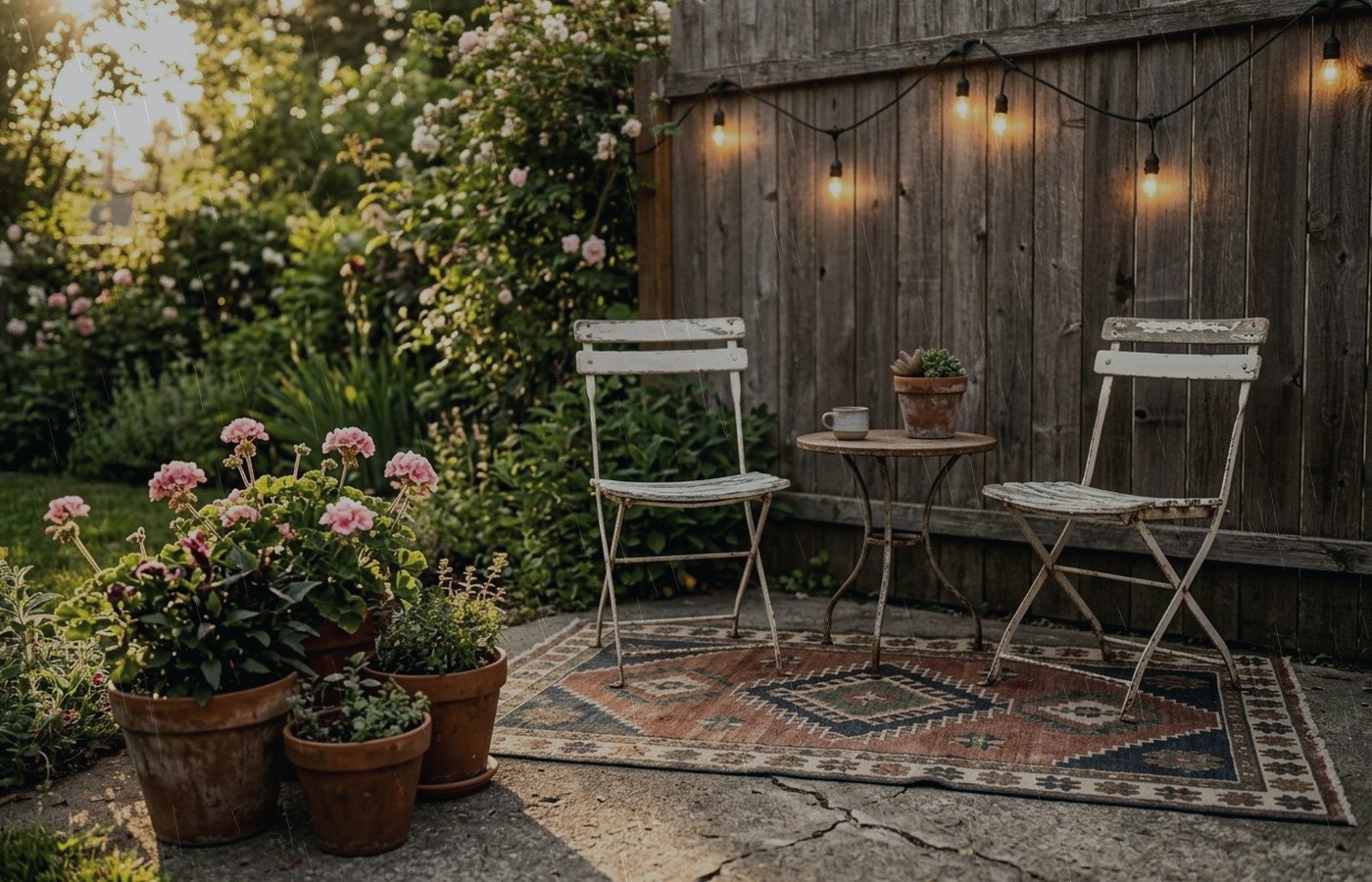 Simple covered porch setup with a dry seat and garden view